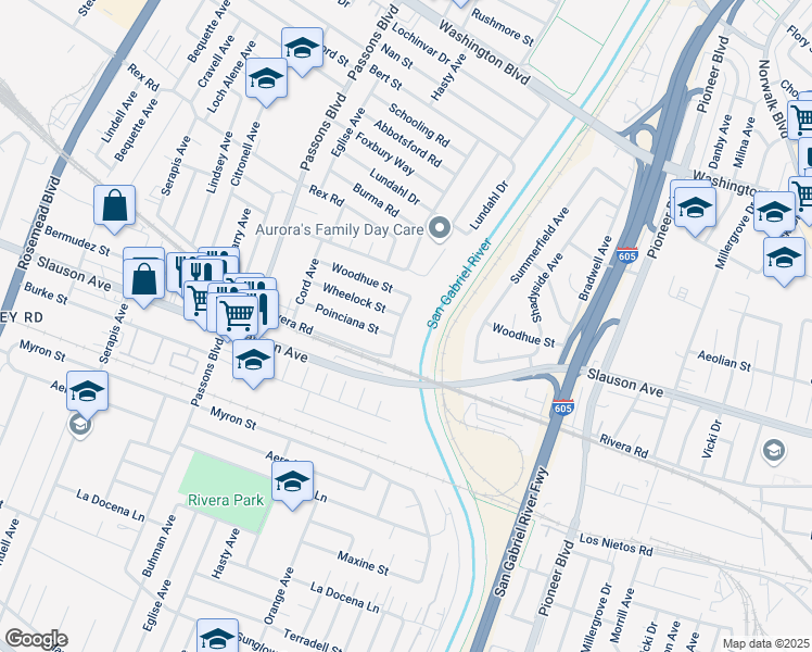map of restaurants, bars, coffee shops, grocery stores, and more near 9652 Wheelock Street in Pico Rivera