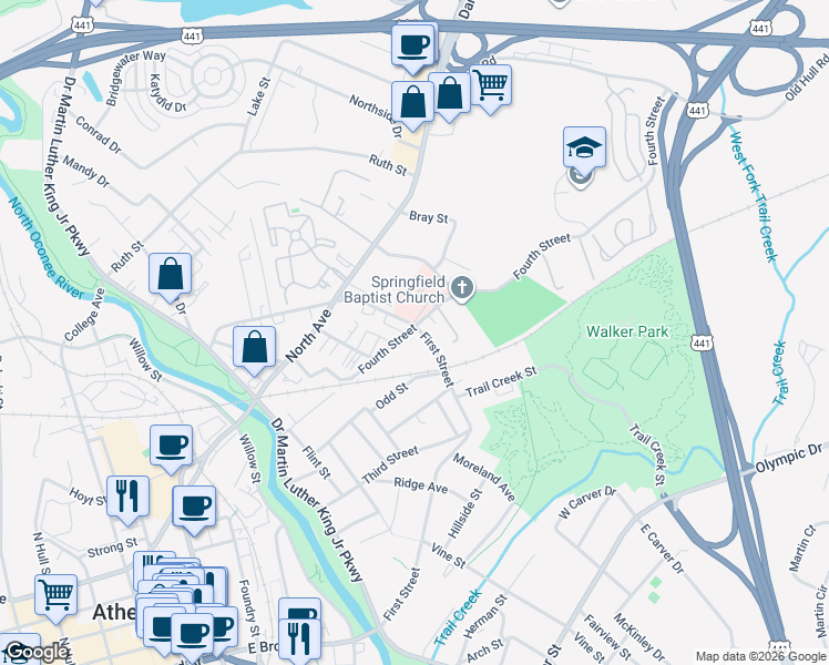 map of restaurants, bars, coffee shops, grocery stores, and more near 537 Strickland Avenue in Athens