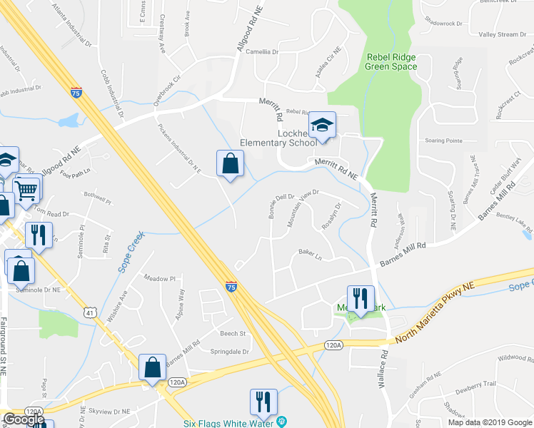map of restaurants, bars, coffee shops, grocery stores, and more near 699 Bonnie Dell Drive in Marietta