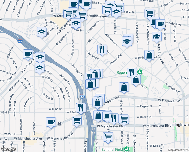map of restaurants, bars, coffee shops, grocery stores, and more near 805 Industrial Avenue in Inglewood
