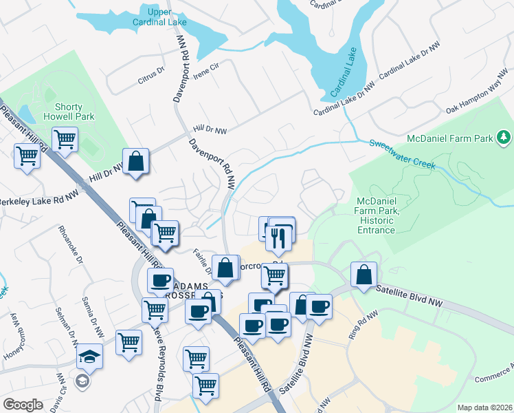 map of restaurants, bars, coffee shops, grocery stores, and more near 3060 Oxwell Drive Northwest in Duluth