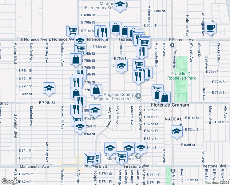 map of restaurants, bars, coffee shops, grocery stores, and more near 1331 East 77th Place in Los Angeles