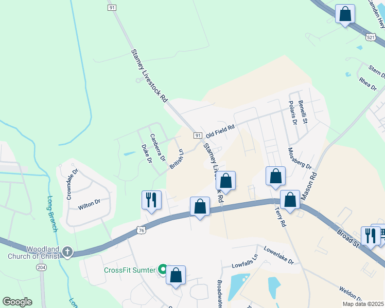 map of restaurants, bars, coffee shops, grocery stores, and more near 3020 Capetown Drive in Sumter