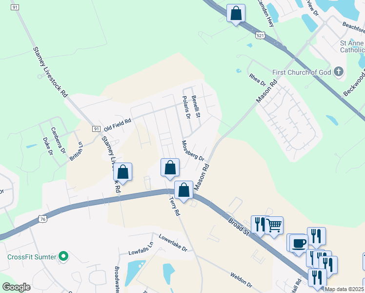 map of restaurants, bars, coffee shops, grocery stores, and more near 1678 Mossberg Drive in Sumter