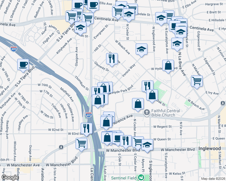 map of restaurants, bars, coffee shops, grocery stores, and more near 708 Venice Way in Inglewood