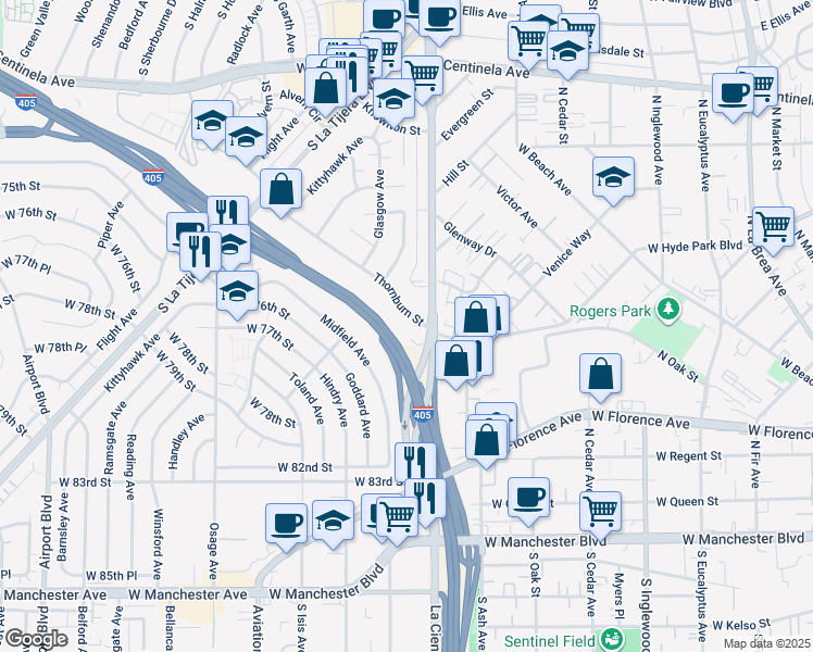 map of restaurants, bars, coffee shops, grocery stores, and more near 5204 Thornburn Street in Los Angeles