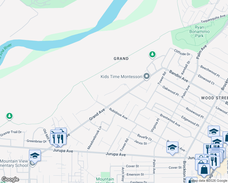 map of restaurants, bars, coffee shops, grocery stores, and more near 5687 Old Ranch Road in Riverside