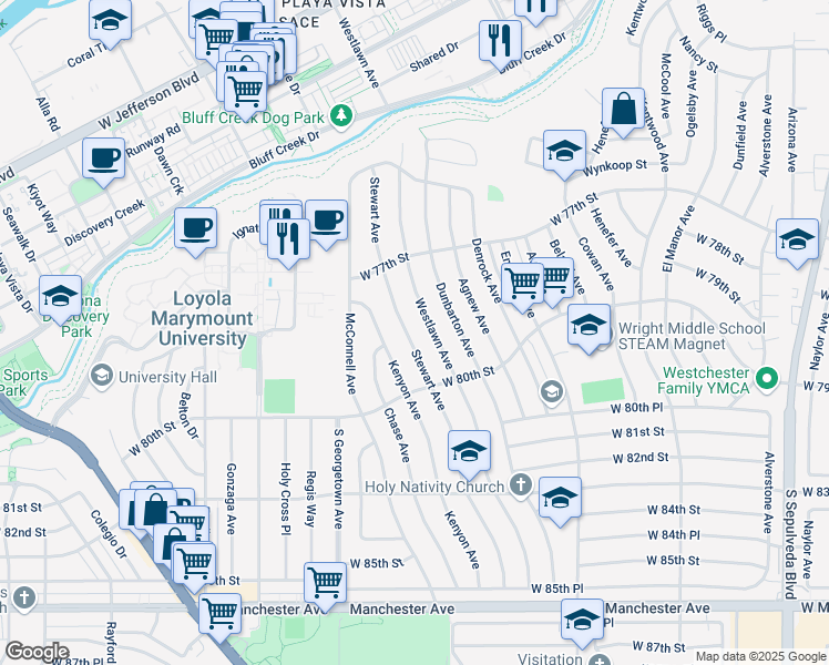 map of restaurants, bars, coffee shops, grocery stores, and more near 7844 Stewart Avenue in Los Angeles