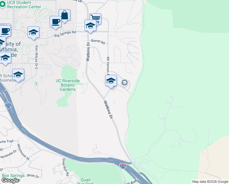 map of restaurants, bars, coffee shops, grocery stores, and more near 4466 Mount Vernon Avenue in Riverside