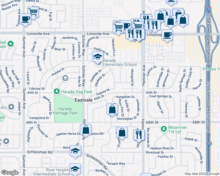 map of restaurants, bars, coffee shops, grocery stores, and more near 6546 Jade Ct in Corona
