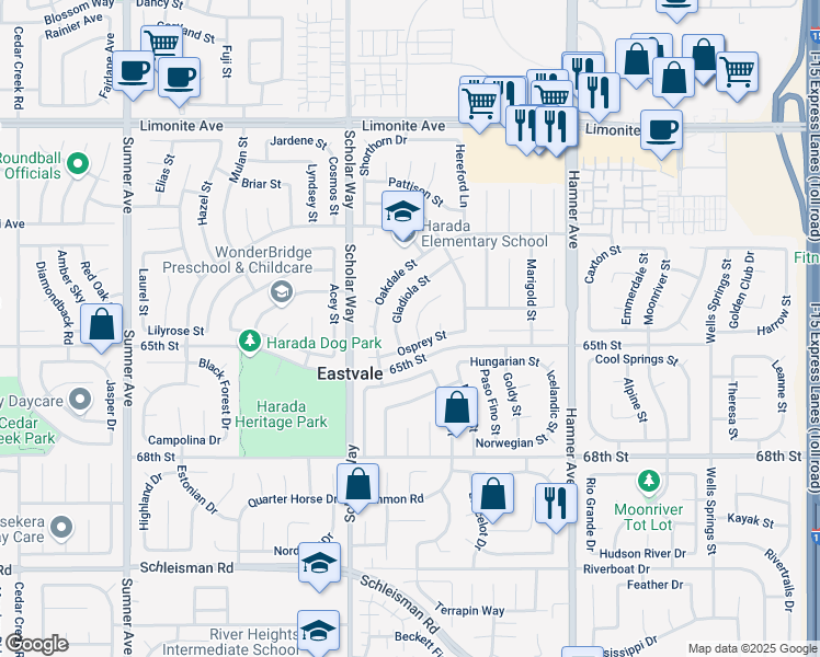 map of restaurants, bars, coffee shops, grocery stores, and more near 6547 Peridot Court in Corona