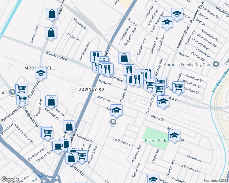 map of restaurants, bars, coffee shops, grocery stores, and more near 9141 Burke Street in Pico Rivera
