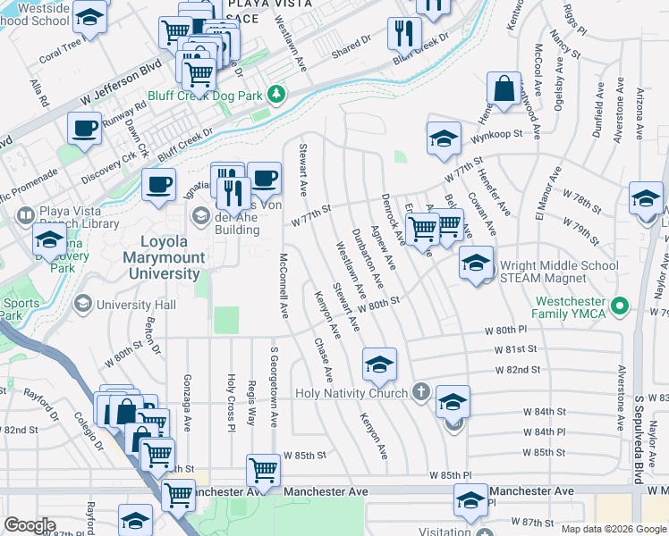 map of restaurants, bars, coffee shops, grocery stores, and more near 7825 Westlawn Avenue in Los Angeles