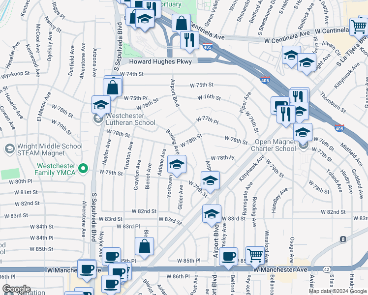 map of restaurants, bars, coffee shops, grocery stores, and more near 5948 West 78th Street in Los Angeles