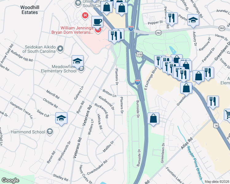 map of restaurants, bars, coffee shops, grocery stores, and more near 440 Cami Forest Lane in Columbia