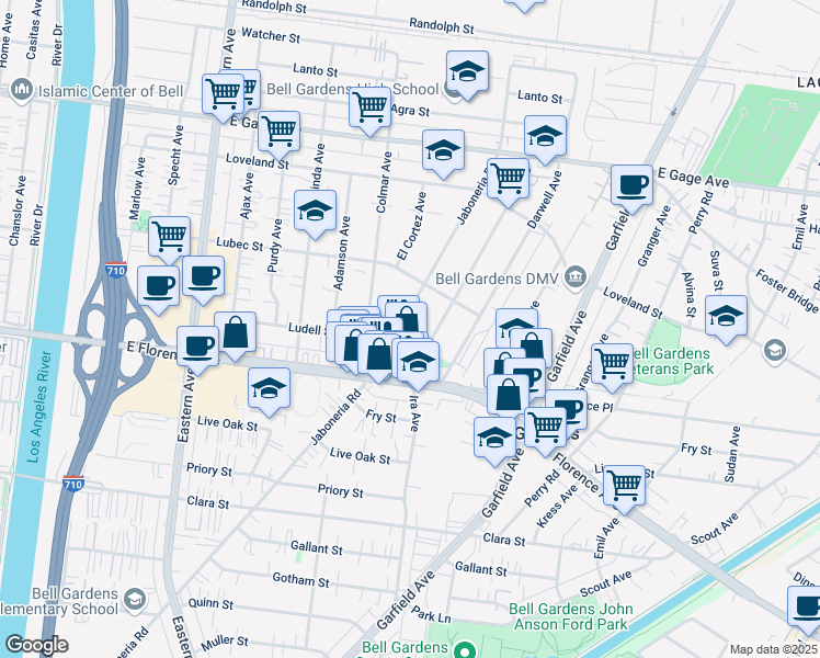 map of restaurants, bars, coffee shops, grocery stores, and more near 6847 Jaboneria Road in Bell Gardens