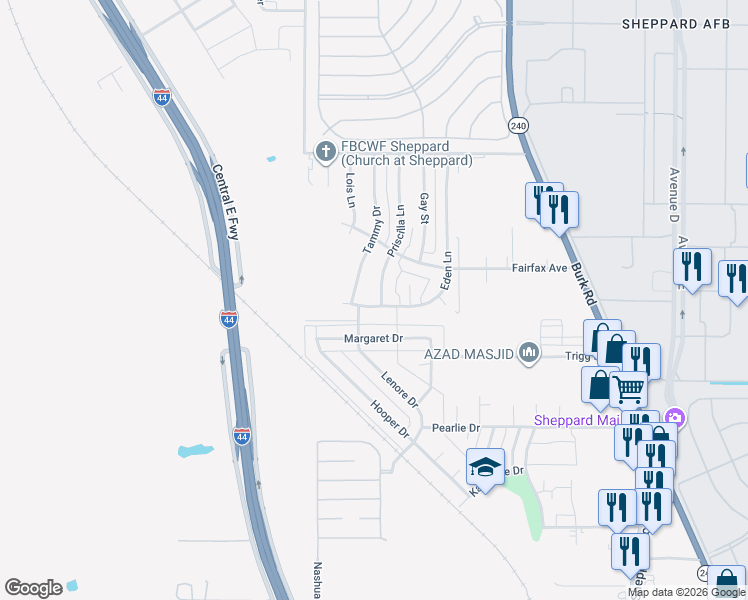 map of restaurants, bars, coffee shops, grocery stores, and more near 4607 Priscilla Lane in Wichita Falls