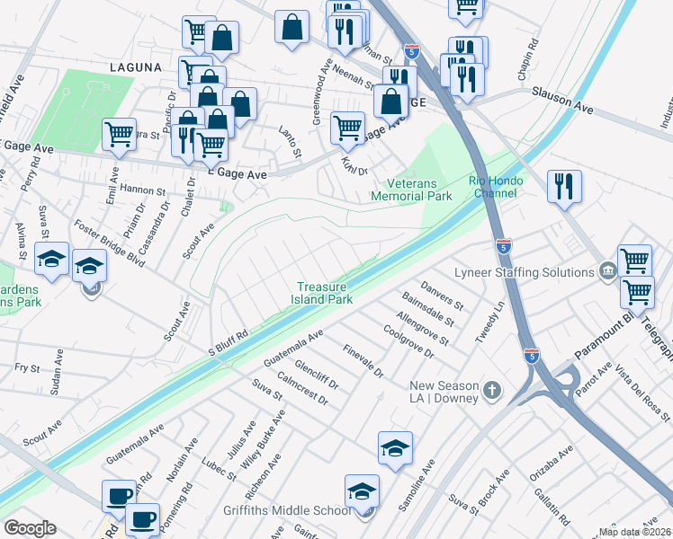 map of restaurants, bars, coffee shops, grocery stores, and more near 7336 Allengrove Street in Downey