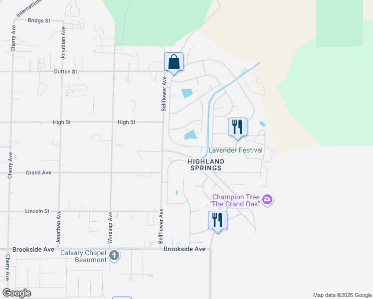 map of restaurants, bars, coffee shops, grocery stores, and more near 10495 Frontier Trail in Cherry Valley