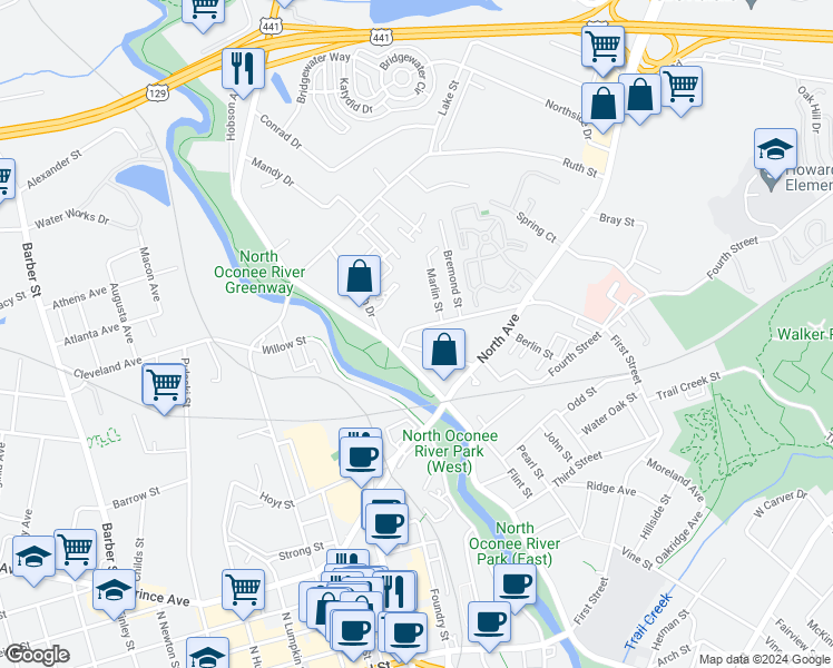 map of restaurants, bars, coffee shops, grocery stores, and more near 140 Strickland Avenue in Athens
