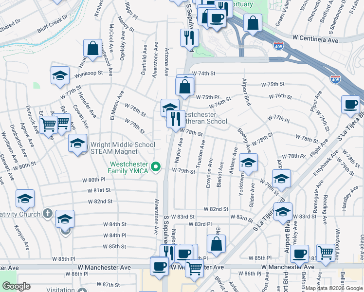 map of restaurants, bars, coffee shops, grocery stores, and more near 7838 Naylor Avenue in Los Angeles