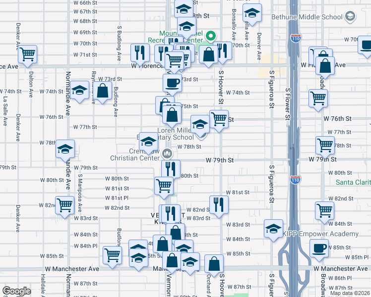 map of restaurants, bars, coffee shops, grocery stores, and more near 922 1/2 West 78th Street in Los Angeles
