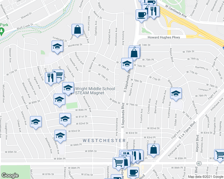 map of restaurants, bars, coffee shops, grocery stores, and more near 7901 Alverstone Avenue in Los Angeles