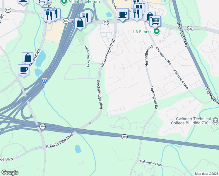 map of restaurants, bars, coffee shops, grocery stores, and more near 1647 Eric Circle in Lawrenceville