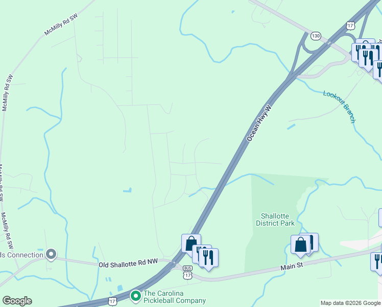 map of restaurants, bars, coffee shops, grocery stores, and more near 208 Wild Raven Street Northwest in Shallotte