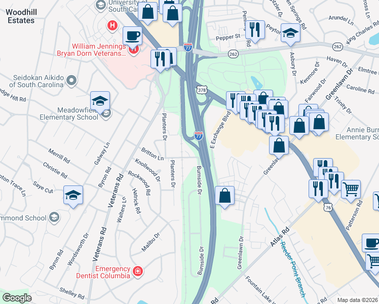 map of restaurants, bars, coffee shops, grocery stores, and more near 110 Courtyard Homes Drive in Columbia