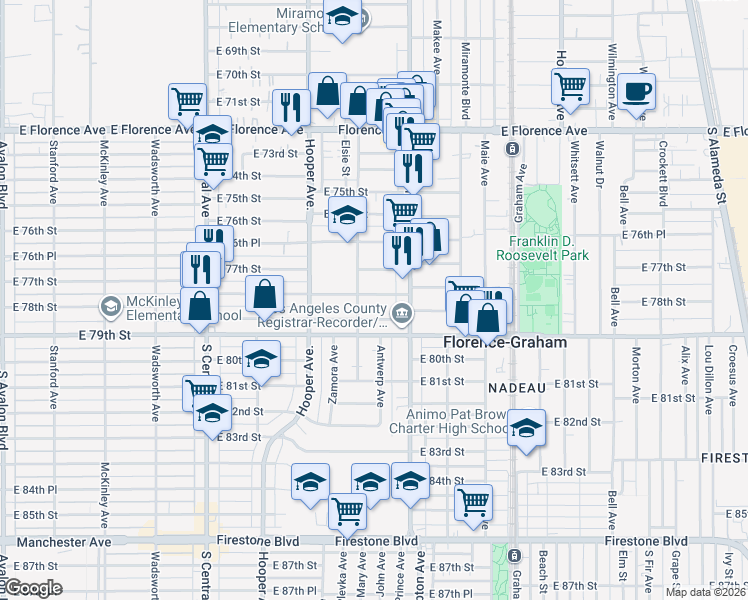 map of restaurants, bars, coffee shops, grocery stores, and more near 1420 East 77th Place in Los Angeles