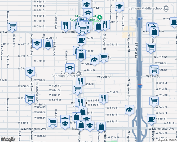 map of restaurants, bars, coffee shops, grocery stores, and more near 922 1/2 West 78th Street in Los Angeles