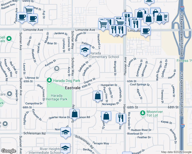 map of restaurants, bars, coffee shops, grocery stores, and more near 6546 Jade Court in Corona