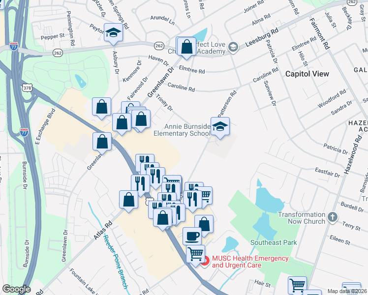 map of restaurants, bars, coffee shops, grocery stores, and more near 7305 Patterson Road in Columbia
