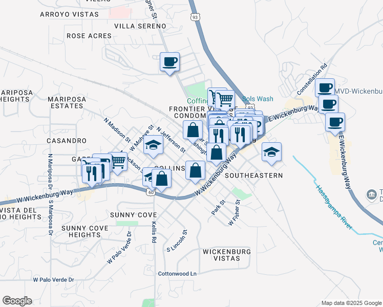 map of restaurants, bars, coffee shops, grocery stores, and more near 91 West Yavapai Street in Wickenburg