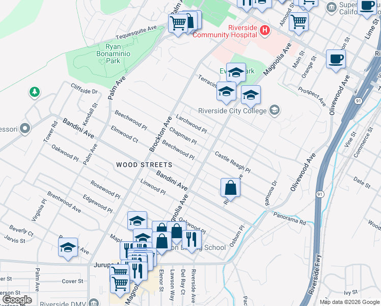 map of restaurants, bars, coffee shops, grocery stores, and more near 3921 Beechwood Place in Riverside