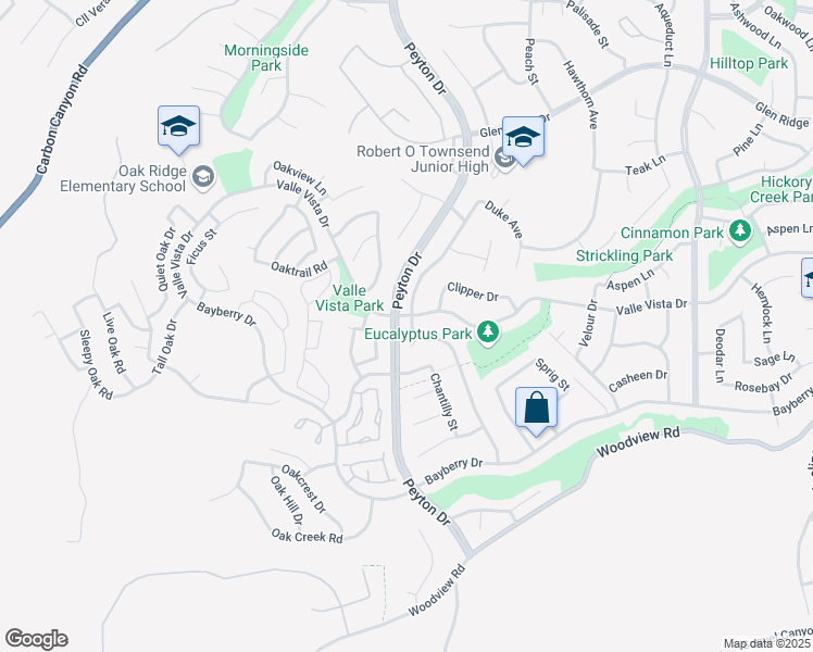 map of restaurants, bars, coffee shops, grocery stores, and more near 15640 Tern Street in Chino Hills