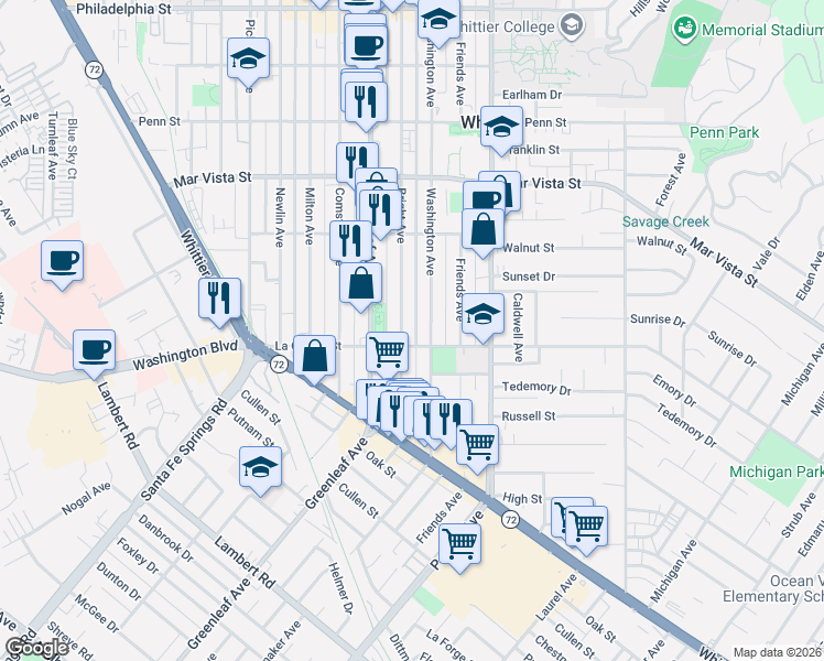 map of restaurants, bars, coffee shops, grocery stores, and more near 7935 Bright Avenue in Whittier