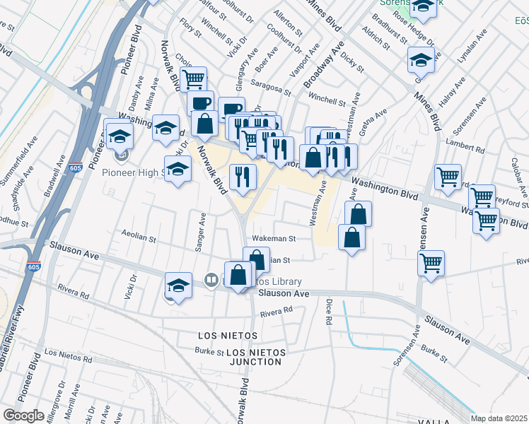 map of restaurants, bars, coffee shops, grocery stores, and more near 8204 Broadway in Whittier