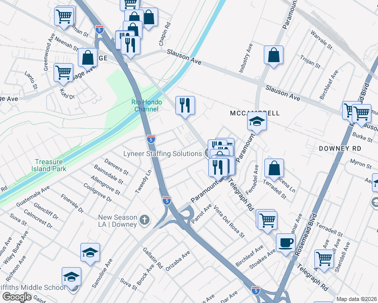 map of restaurants, bars, coffee shops, grocery stores, and more near 8434 Tweedy Lane in Downey
