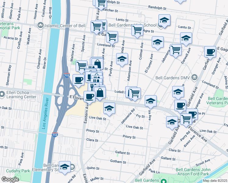 map of restaurants, bars, coffee shops, grocery stores, and more near 5859 Ludell Street in Bell Gardens
