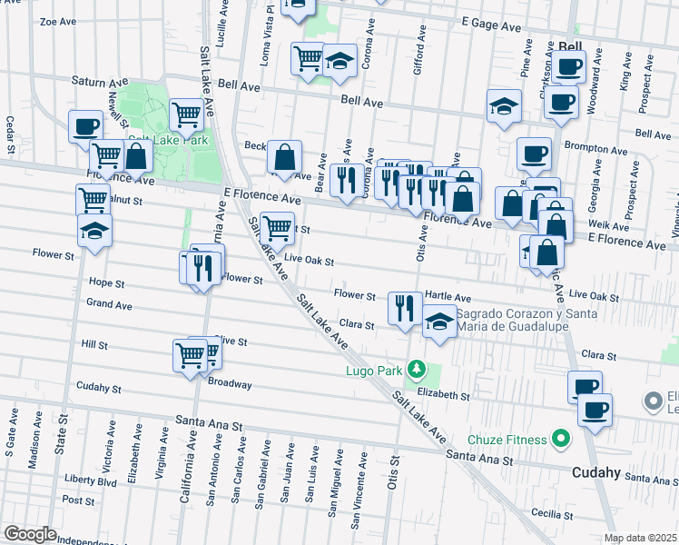 map of restaurants, bars, coffee shops, grocery stores, and more near 3838 Live Oak Street in Cudahy
