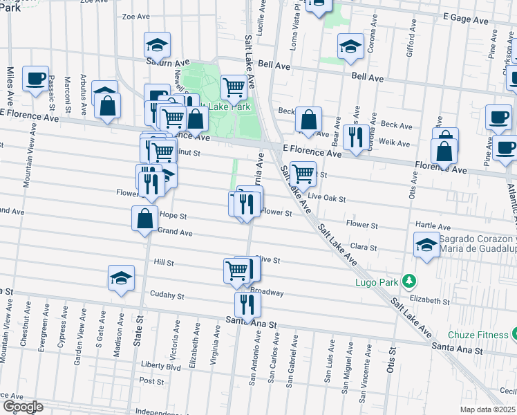 map of restaurants, bars, coffee shops, grocery stores, and more near 3524 Live Oak Street in Huntington Park