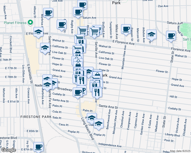 map of restaurants, bars, coffee shops, grocery stores, and more near in Walnut Park