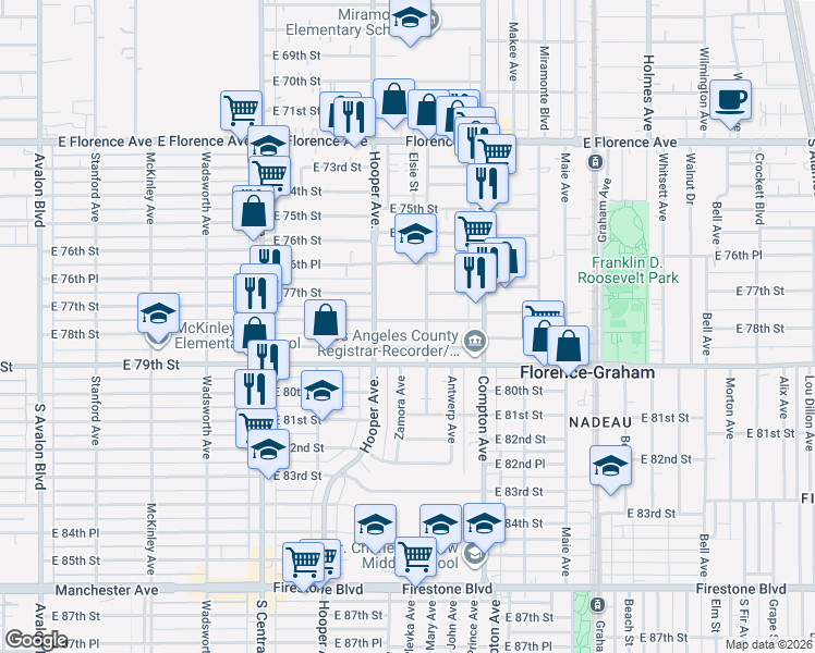map of restaurants, bars, coffee shops, grocery stores, and more near 1331 East 77th Place in Los Angeles