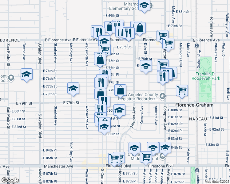 map of restaurants, bars, coffee shops, grocery stores, and more near 1209 East 77th Place in Los Angeles