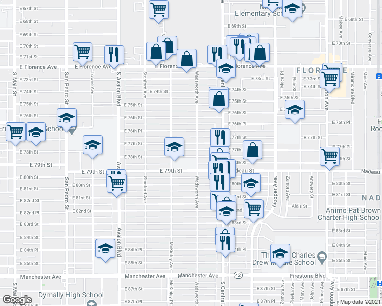 map of restaurants, bars, coffee shops, grocery stores, and more near 7710 Wadsworth Avenue in Los Angeles