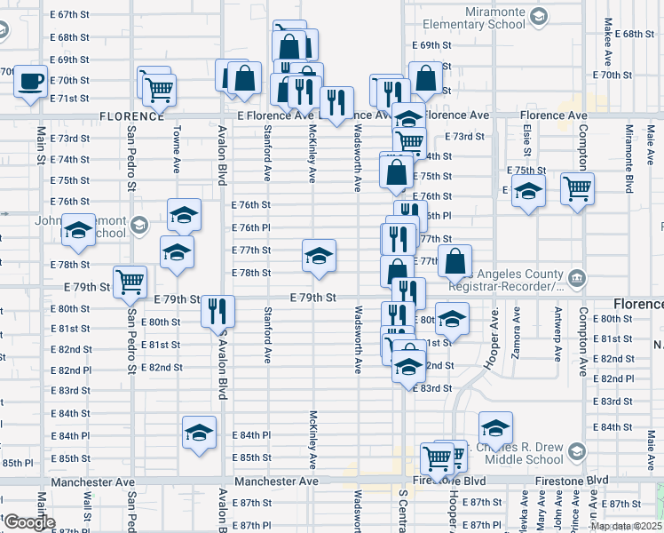 map of restaurants, bars, coffee shops, grocery stores, and more near 822 East 77th Street in Los Angeles