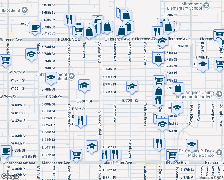 map of restaurants, bars, coffee shops, grocery stores, and more near 7711 Stanford Avenue in Los Angeles