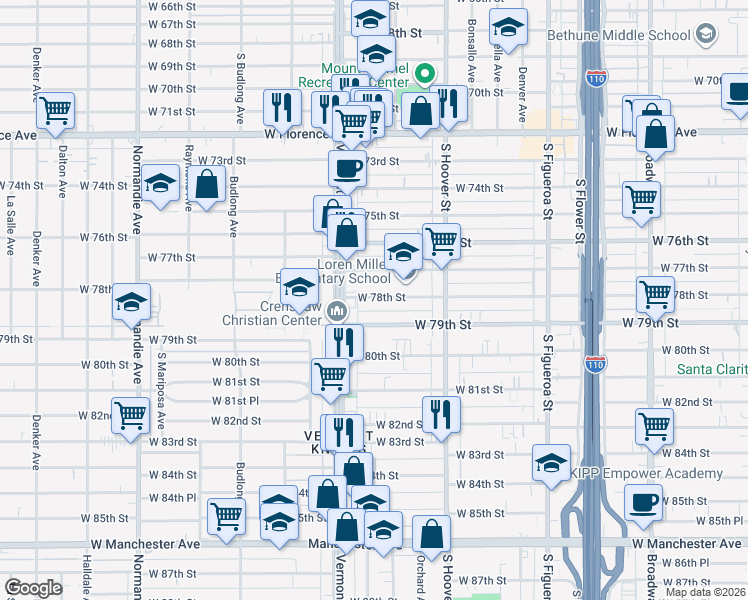 map of restaurants, bars, coffee shops, grocery stores, and more near 922 1/2 West 78th Street in Los Angeles
